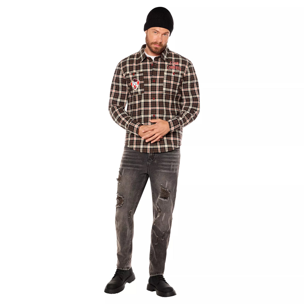Adult Clown in a Cornfield Flannel Shirt